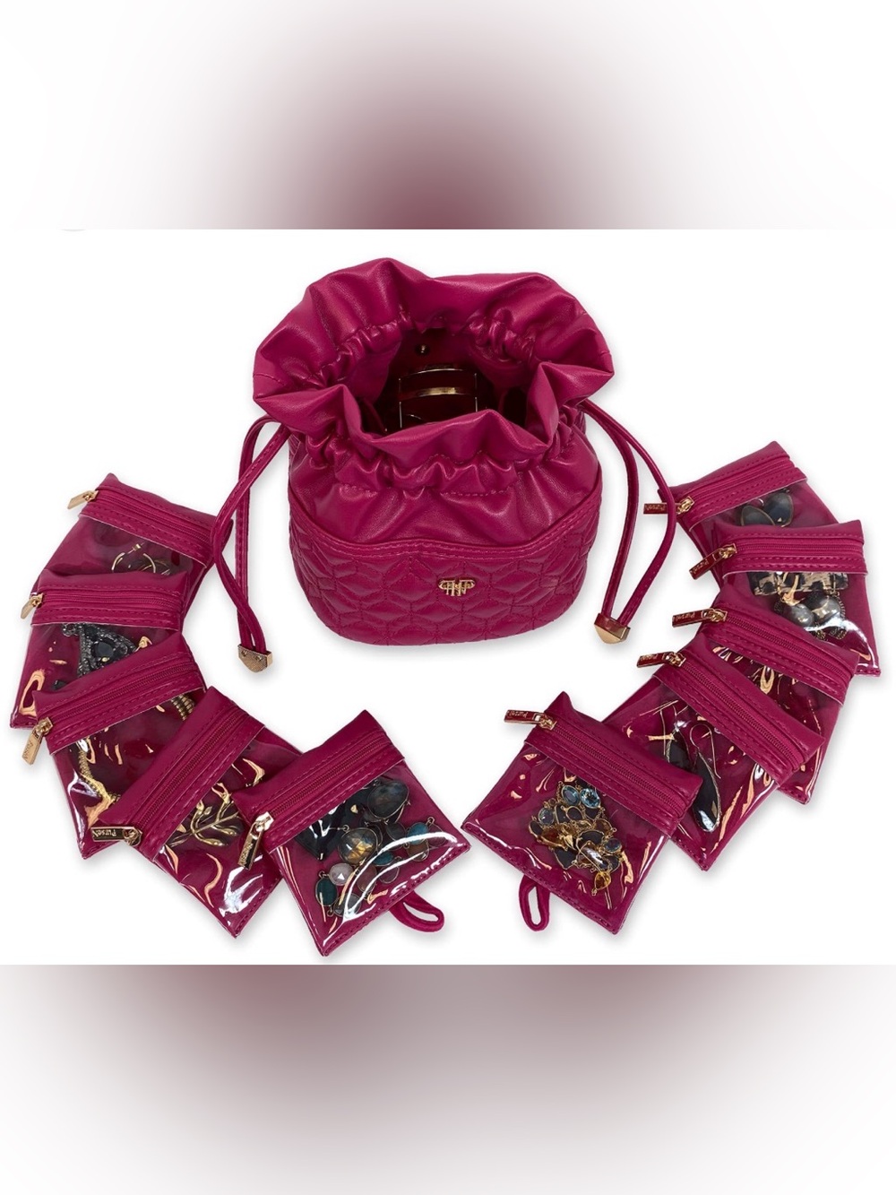 Fuchsia Drawstring Cosmetic Bag Set - Unbranded